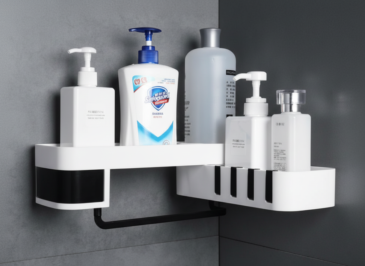 White corner shelf with various bottles on a gray wall