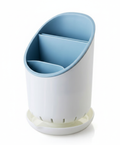 White and blue cylindrical container with a lid on a white background