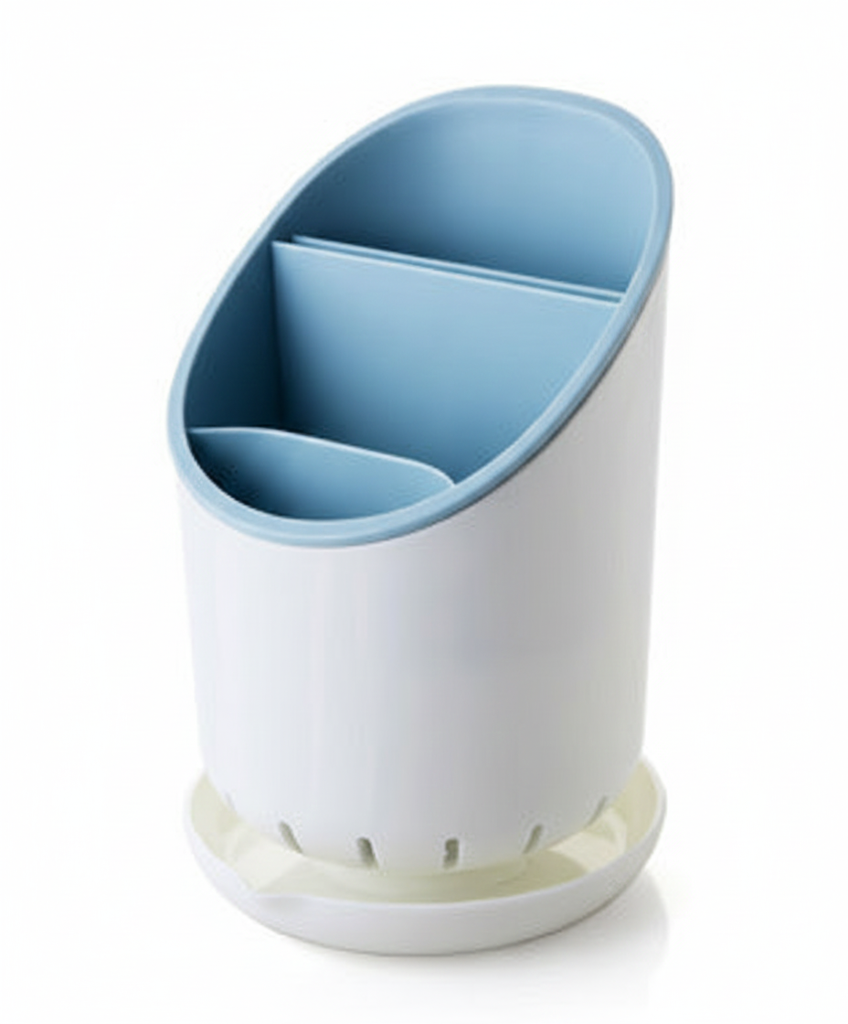 White and blue cylindrical container with a lid on a white background
