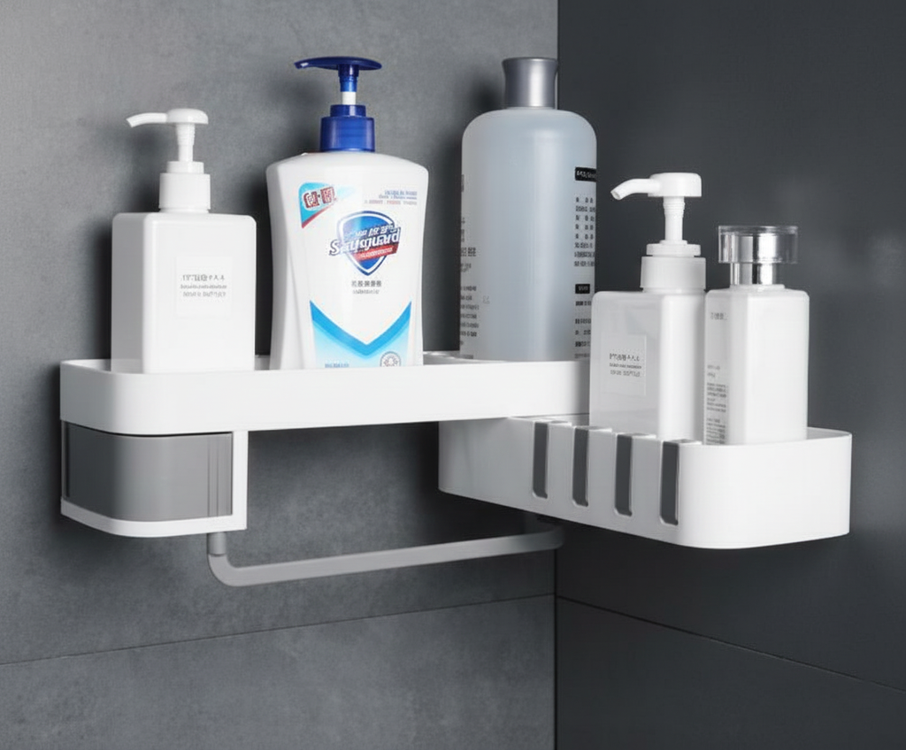 Corner shower caddy with various bottles on a gray wall