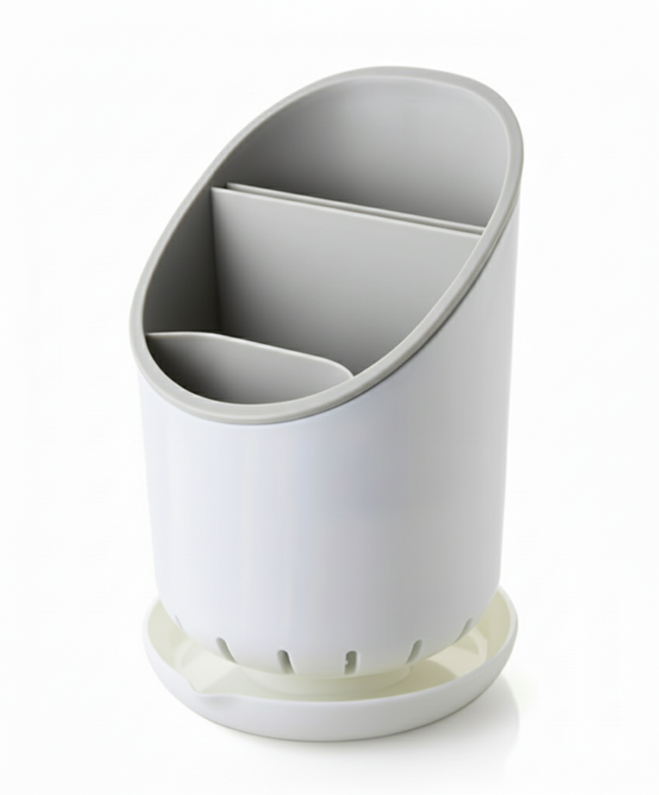 Gray and white toothbrush holder on a white background
