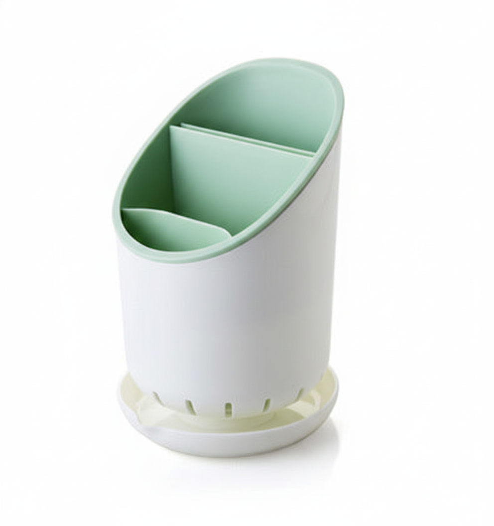 Green and white container with compartments on a white background