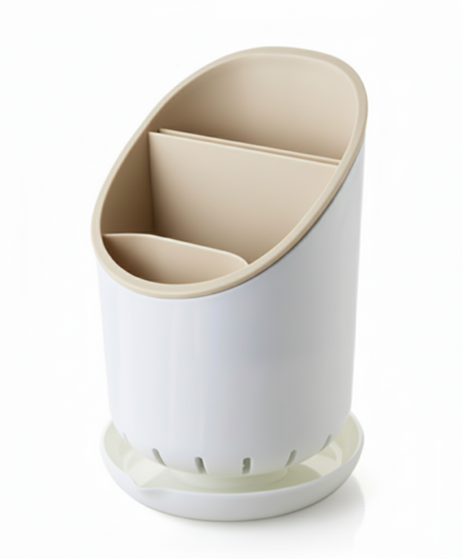 White and beige cylindrical container with compartments on a white background